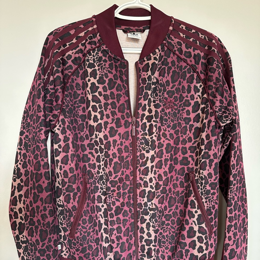Adidas Women's Maroon Leopard Print Bomber Jacket